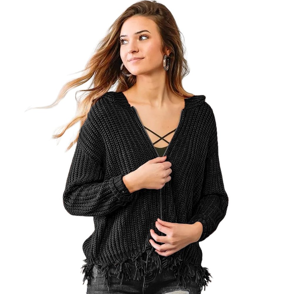Purple Snow Black Frayed Hem Hooded Knit Sweater Size Small